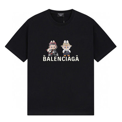 Balenciaga short-sleeve T-shirt featuring the classic fluid logo print and Labubu doll graphic.