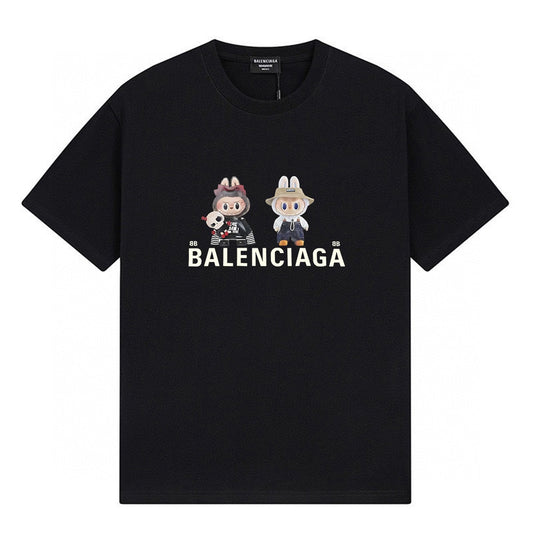 Balenciaga short-sleeve T-shirt featuring the classic fluid logo print and Labubu doll graphic.