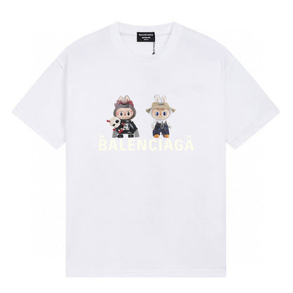 Balenciaga short-sleeve T-shirt featuring the classic fluid logo print and Labubu doll graphic.