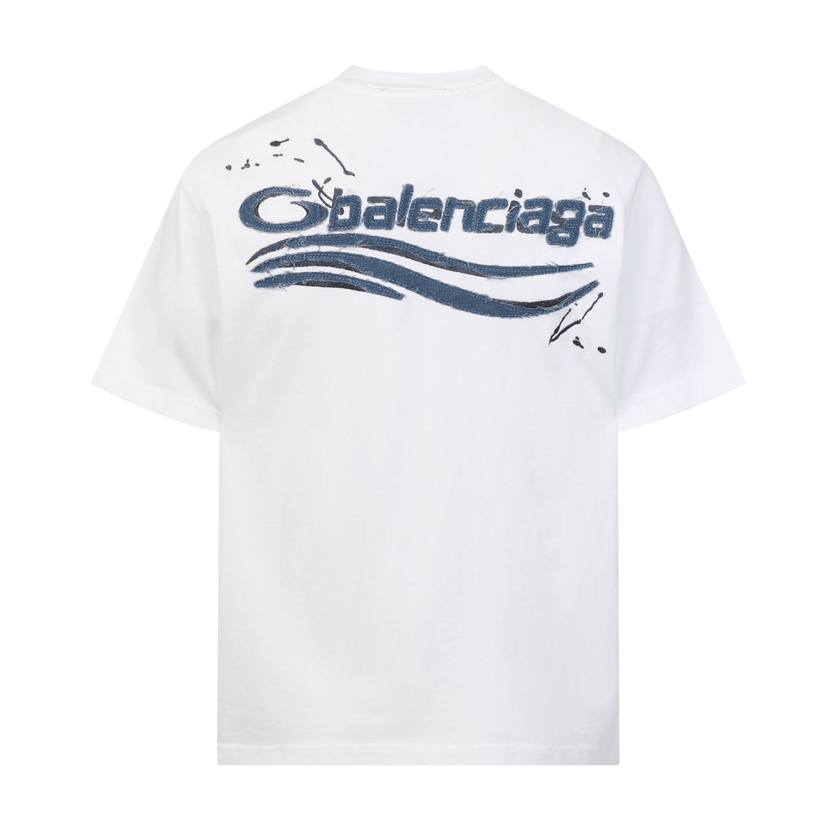 Balenciaga T-shirt featuring intricate, high-density, double-layered 3D embroidery and a washed-denim appliqué.