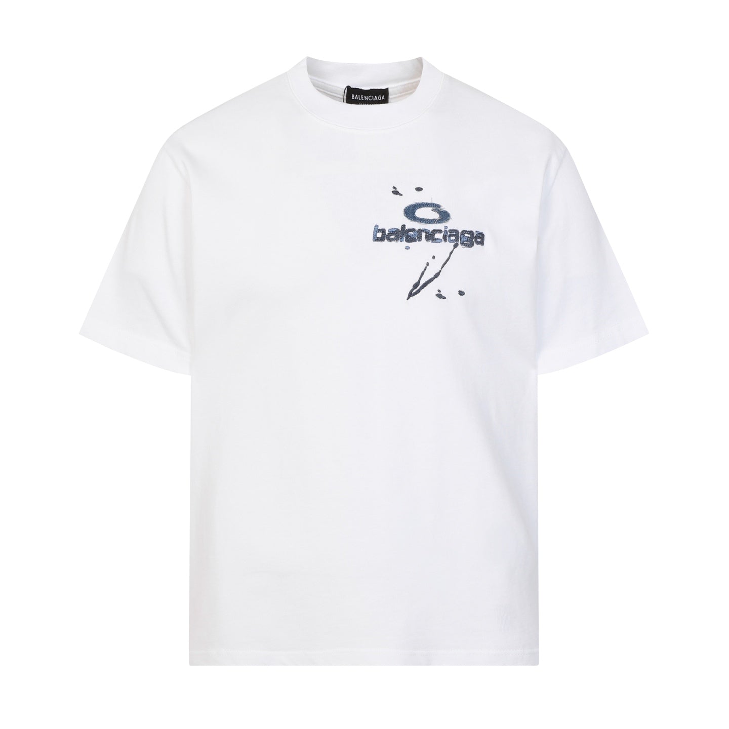 Balenciaga T-shirt featuring intricate, high-density, double-layered 3D embroidery and a washed-denim appliqué.