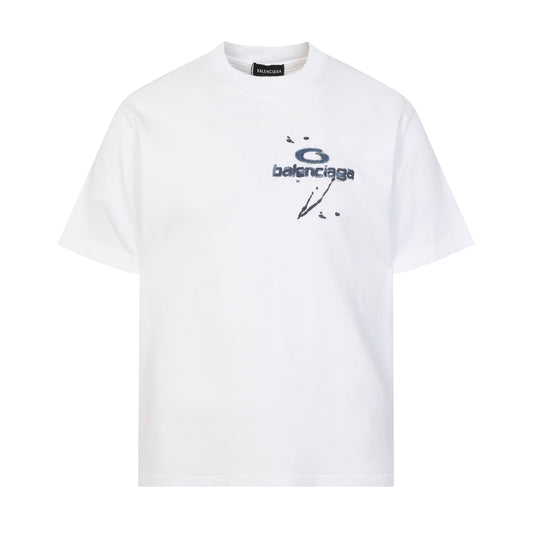 Balenciaga T-shirt featuring intricate, high-density, double-layered 3D embroidery and a washed-denim appliqué.