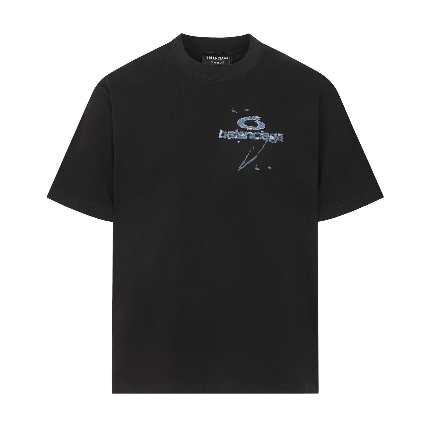 Balenciaga T-shirt featuring intricate, high-density, double-layered 3D embroidery and a washed-denim appliqué.