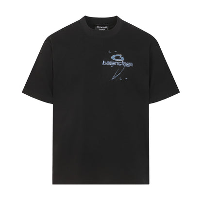 Balenciaga T-shirt featuring intricate, high-density, double-layered 3D embroidery and a washed-denim appliqué.
