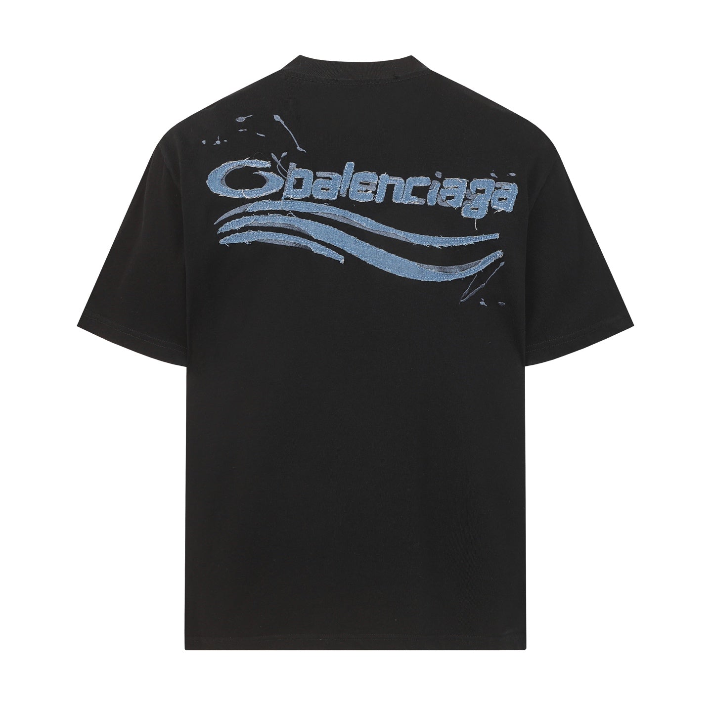 Balenciaga T-shirt featuring intricate, high-density, double-layered 3D embroidery and a washed-denim appliqué.