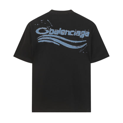Balenciaga T-shirt featuring intricate, high-density, double-layered 3D embroidery and a washed-denim appliqué.