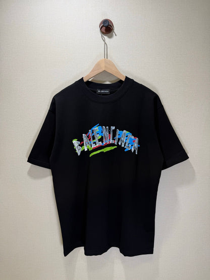 BALENCIAGA Sketch/Graffiti Logo Print Crew-Neck Short-Sleeve T-Shirt