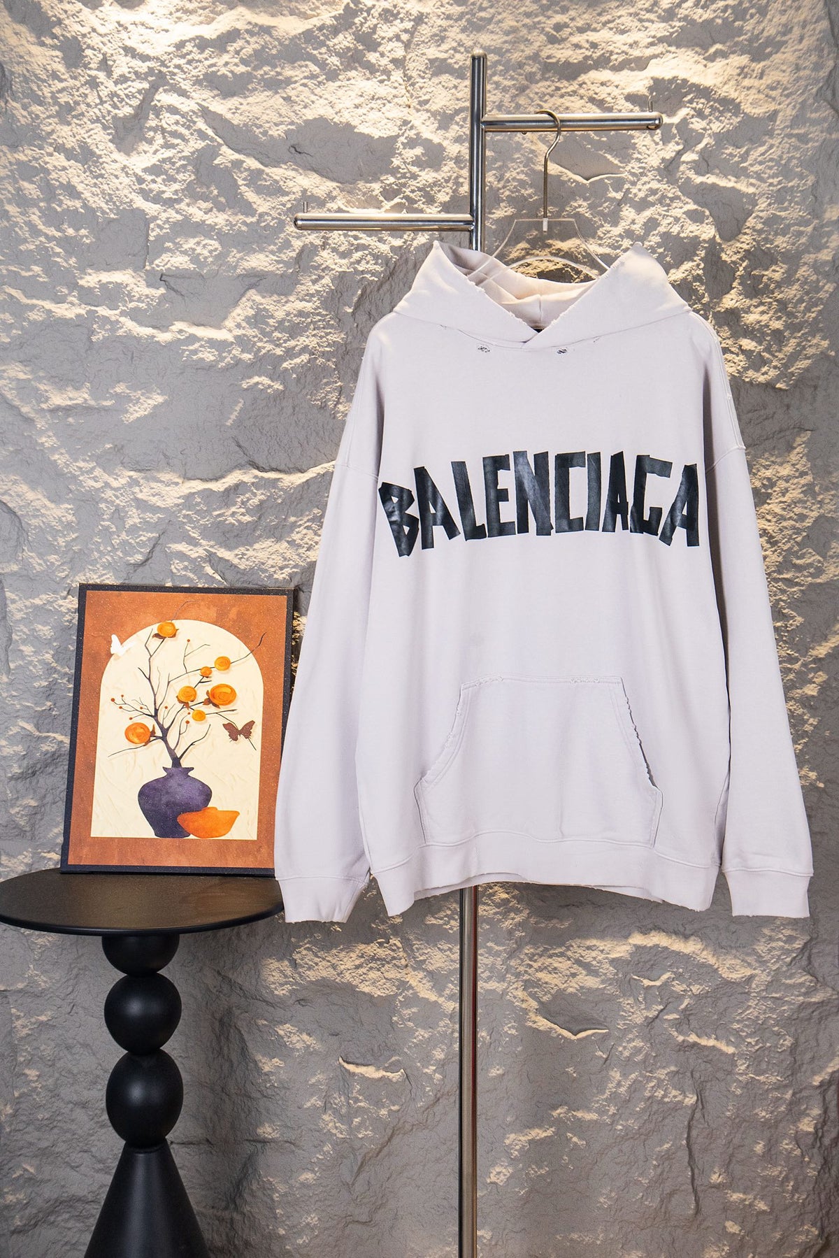 Balenciaga Unisex Black Heavy-Wash Distressed Cotton French Terry Sweatshirt with Tape Detail (Oversized Fit)
