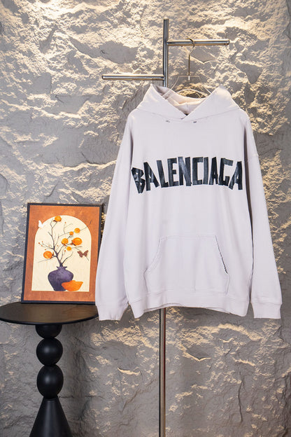 Balenciaga Unisex Black Heavy-Wash Distressed Cotton French Terry Sweatshirt with Tape Detail (Oversized Fit)