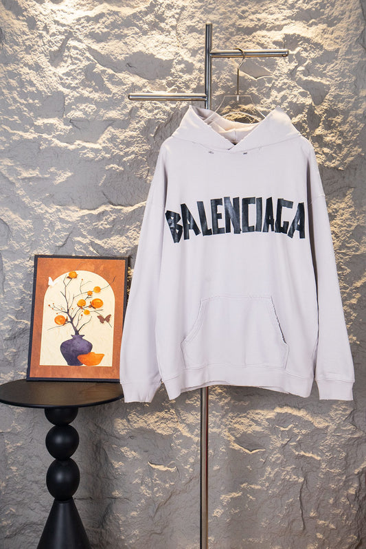 Balenciaga Unisex Black Heavy-Wash Distressed Cotton French Terry Sweatshirt with Tape Detail (Oversized Fit)