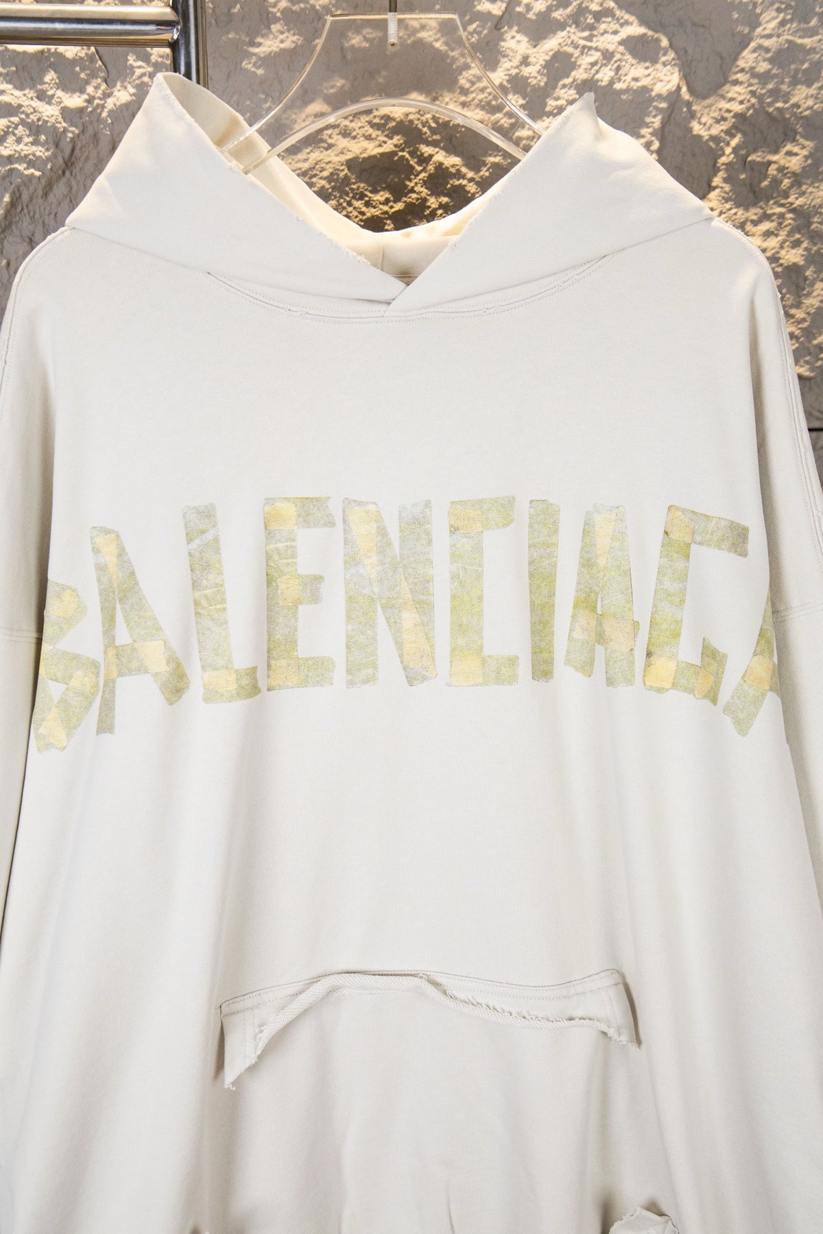 Balenciaga Unisex Oversized French Terry Sweatshirt – Heavy-Duty Distressed & Washed Finish with Yellow Masking Tape-Style Graphic