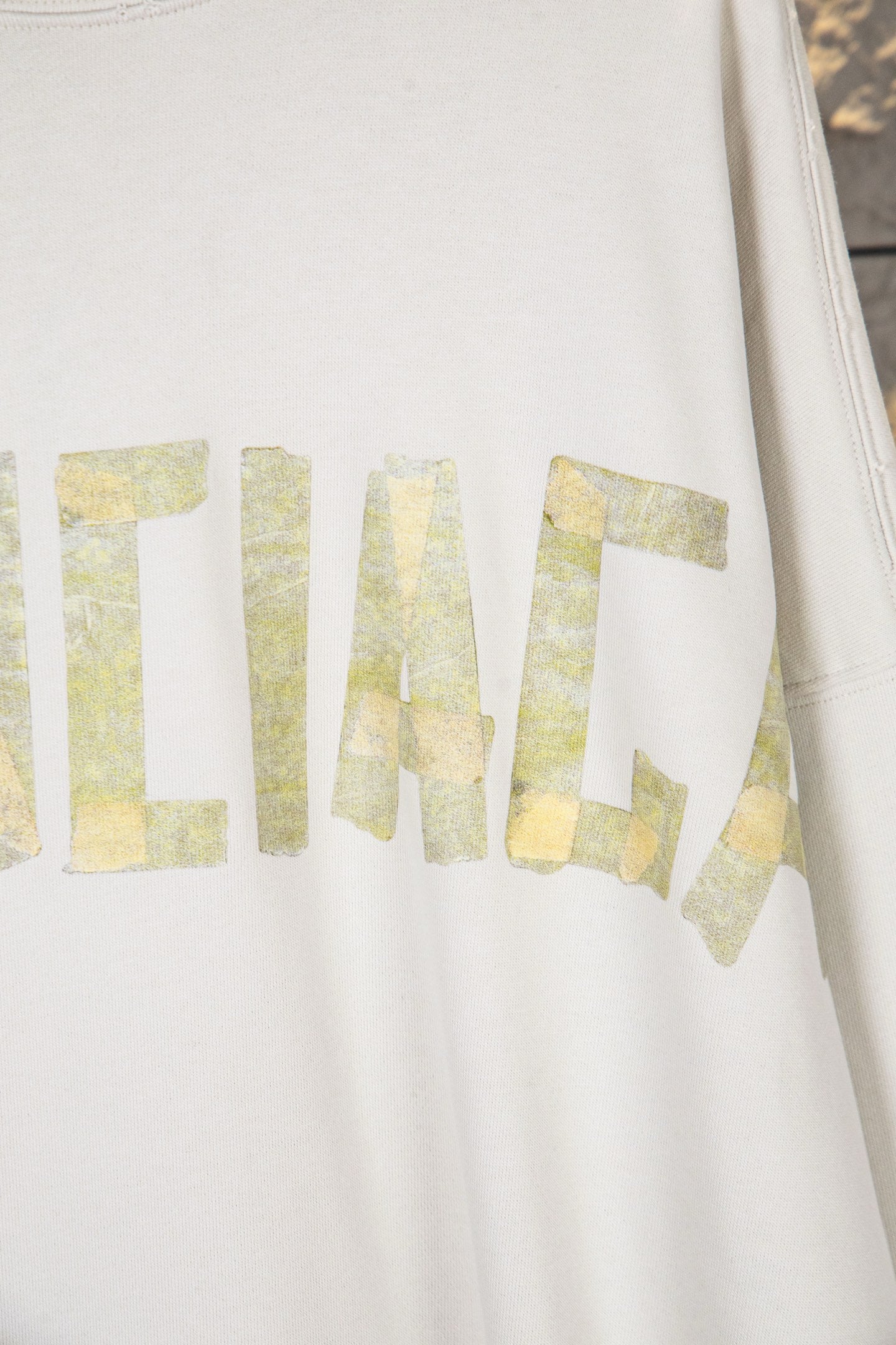 Balenciaga Unisex Oversized French Terry Sweatshirt – Heavy-Duty Distressed & Washed Finish with Yellow Masking Tape-Style Graphic