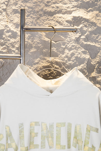 Balenciaga Unisex Oversized French Terry Sweatshirt – Heavy-Duty Distressed & Washed Finish with Yellow Masking Tape-Style Graphic