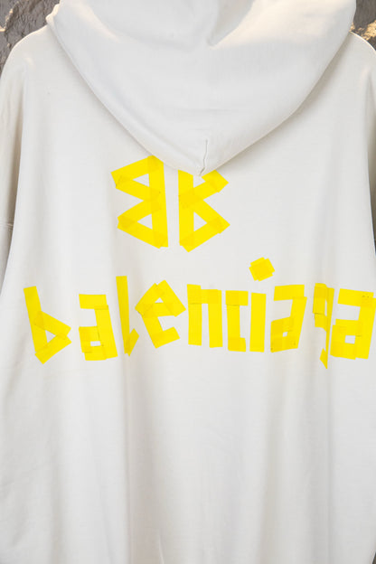 Balenciaga Unisex Oversized French Terry Sweatshirt – Heavy-Duty Distressed & Washed Finish with Yellow Masking Tape-Style Graphic