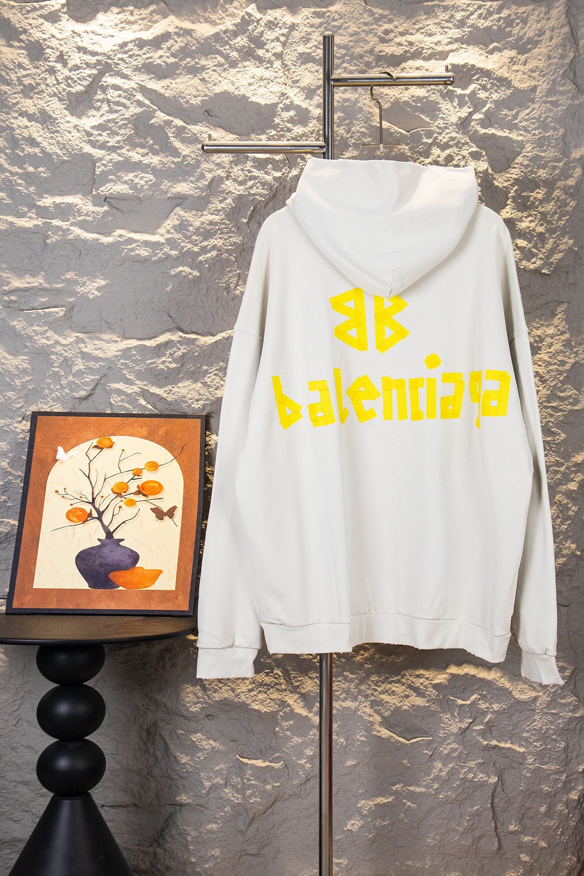 Balenciaga Unisex Oversized French Terry Sweatshirt – Heavy-Duty Distressed & Washed Finish with Yellow Masking Tape-Style Graphic