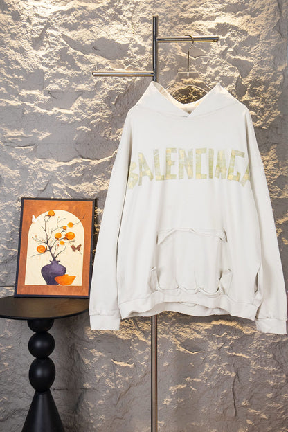 Balenciaga Unisex Oversized French Terry Sweatshirt – Heavy-Duty Distressed & Washed Finish with Yellow Masking Tape-Style Graphic
