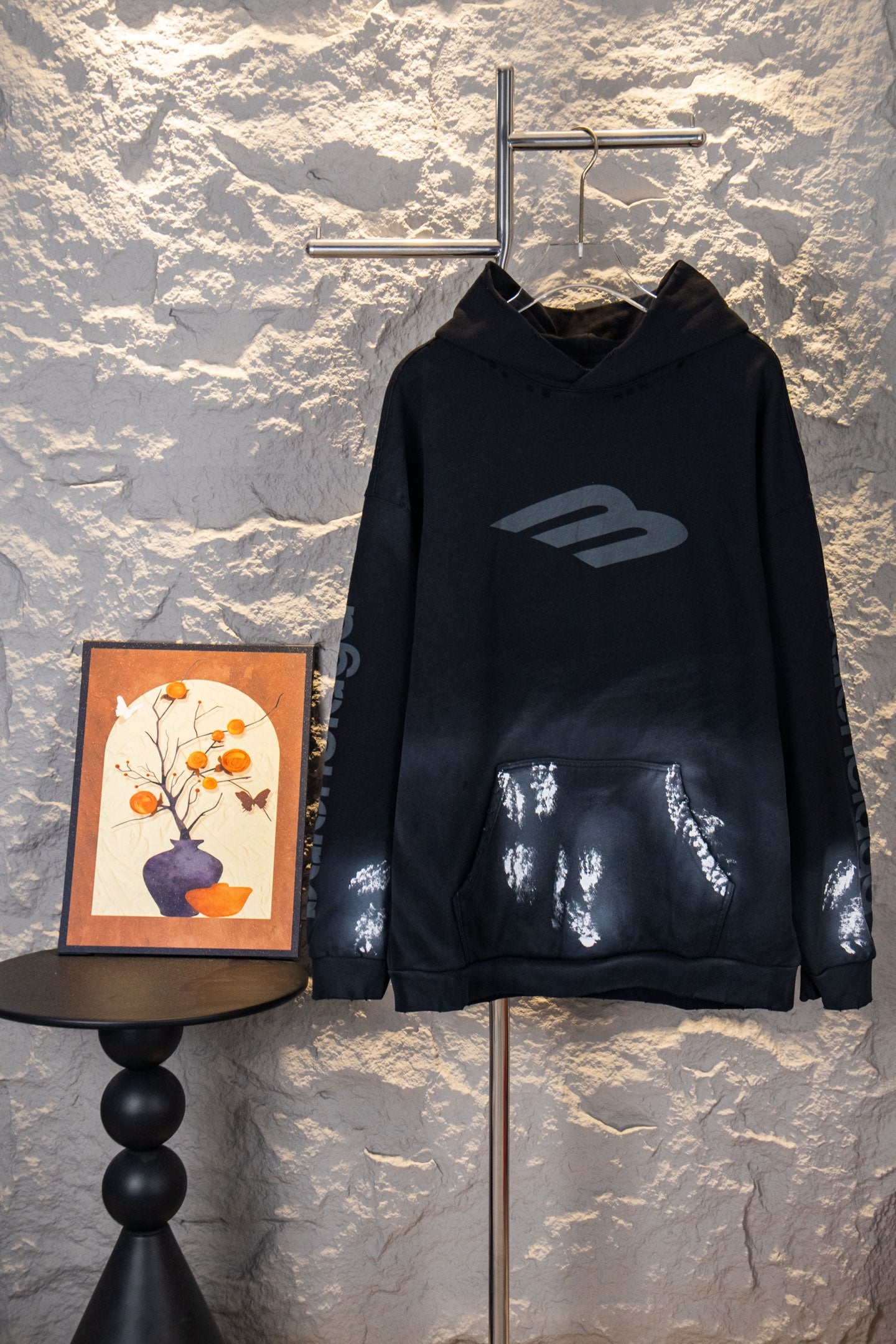 Balenciaga Distressed Washed Hoodie with Large Hand-Painted "M" Graffiti on Front
