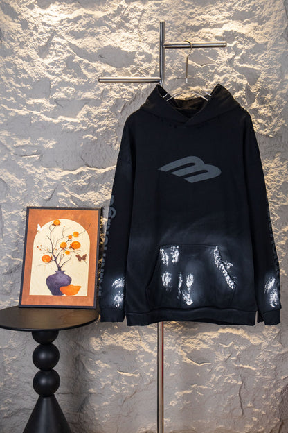 Balenciaga Distressed Washed Hoodie with Large Hand-Painted "M" Graffiti on Front
