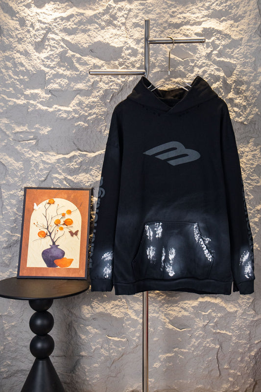 Balenciaga Distressed Washed Hoodie with Large Hand-Painted "M" Graffiti on Front